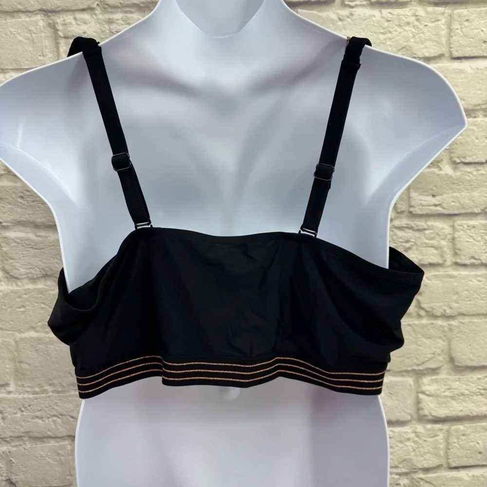 Cacique Lane Bryant Black Strappy Rose Gold Metallic Underwire Swim Top 46D EUC
